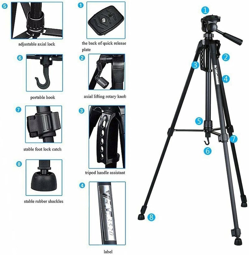 Tripod 3520 Stand Professional Camera with 3-Way Pan Head, 360° Rotation, Adjustable Height 50-140cm, Quick Release Plate, Aluminium Alloy, Carrying Bag, Phone Holder for DSLR and Smartphones - Image 3