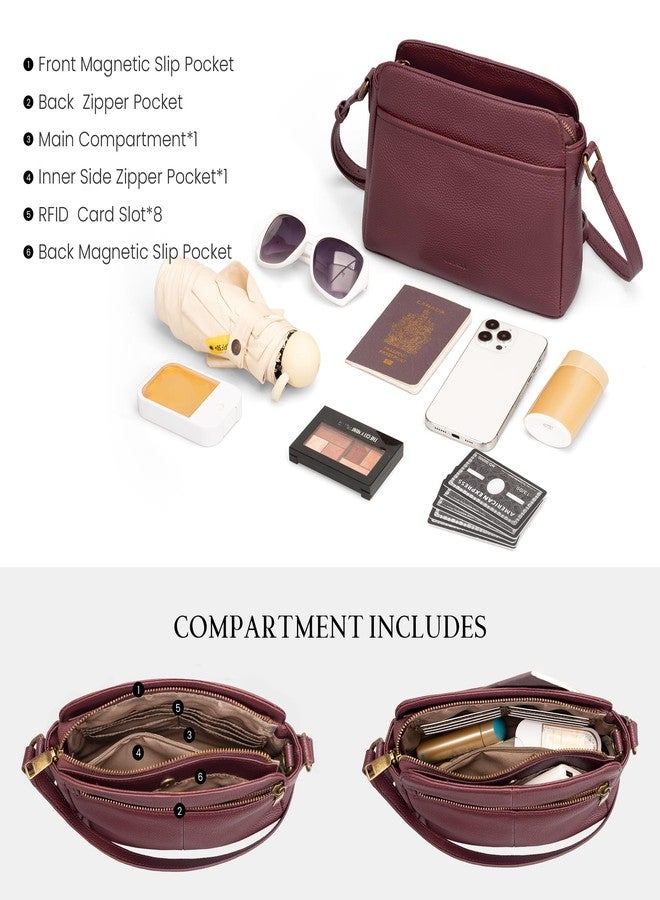 بيفن حقيبة كروس بودي مضادة للسرقة من بيفن للنساء، مصنوعة من الجلد الطبيعي، حقيبة كتف صغيرة مزودة بفتحات لبطاقات RFID، لون عنابي، مقاس واحد، تصميم كلاسيكي - Image 5