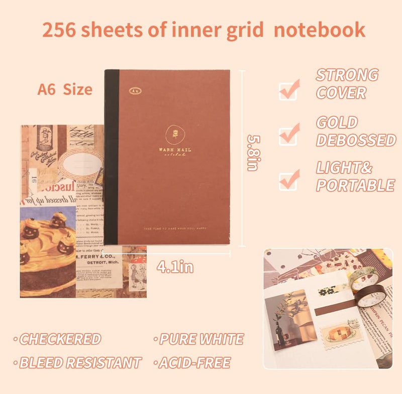 emmoolife 348 Pcs Scrapbooking Supplies Kit, Vintage Aesthetic Scrapbook Kit for Bullet Junk Journal, Stationery, A6 Grid Notebook, DIY Journaling Supplies, Birthday Craft Gift for Teen Girl Kid Women - Image 5