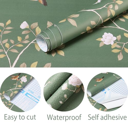 Hopepak Floral Wallpaper Peel and Stick Green Branch Bird Wallpaper for Bedroom Self Adhesive Removable Wall Paper Floral Contact Paper Cute Wallpapers for Bathroom Decor 16.1''x78.7'' - Image 2