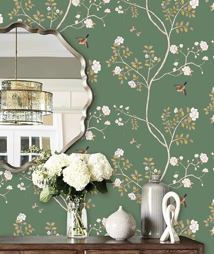 Hopepak Floral Wallpaper Peel and Stick Green Branch Bird Wallpaper for Bedroom Self Adhesive Removable Wall Paper Floral Contact Paper Cute Wallpapers for Bathroom Decor 16.1''x78.7'' - Image 3