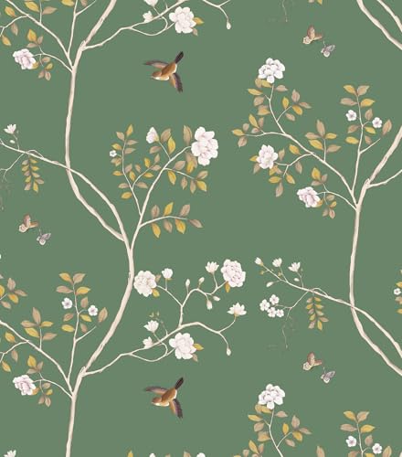 Hopepak Floral Wallpaper Peel and Stick Green Branch Bird Wallpaper for Bedroom Self Adhesive Removable Wall Paper Floral Contact Paper Cute Wallpapers for Bathroom Decor 16.1''x78.7'' - Image 1