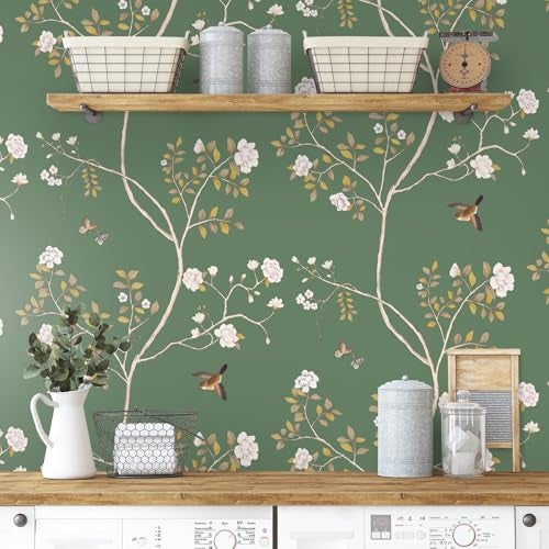 Hopepak Floral Wallpaper Peel and Stick Green Branch Bird Wallpaper for Bedroom Self Adhesive Removable Wall Paper Floral Contact Paper Cute Wallpapers for Bathroom Decor 16.1''x78.7'' - Image 5