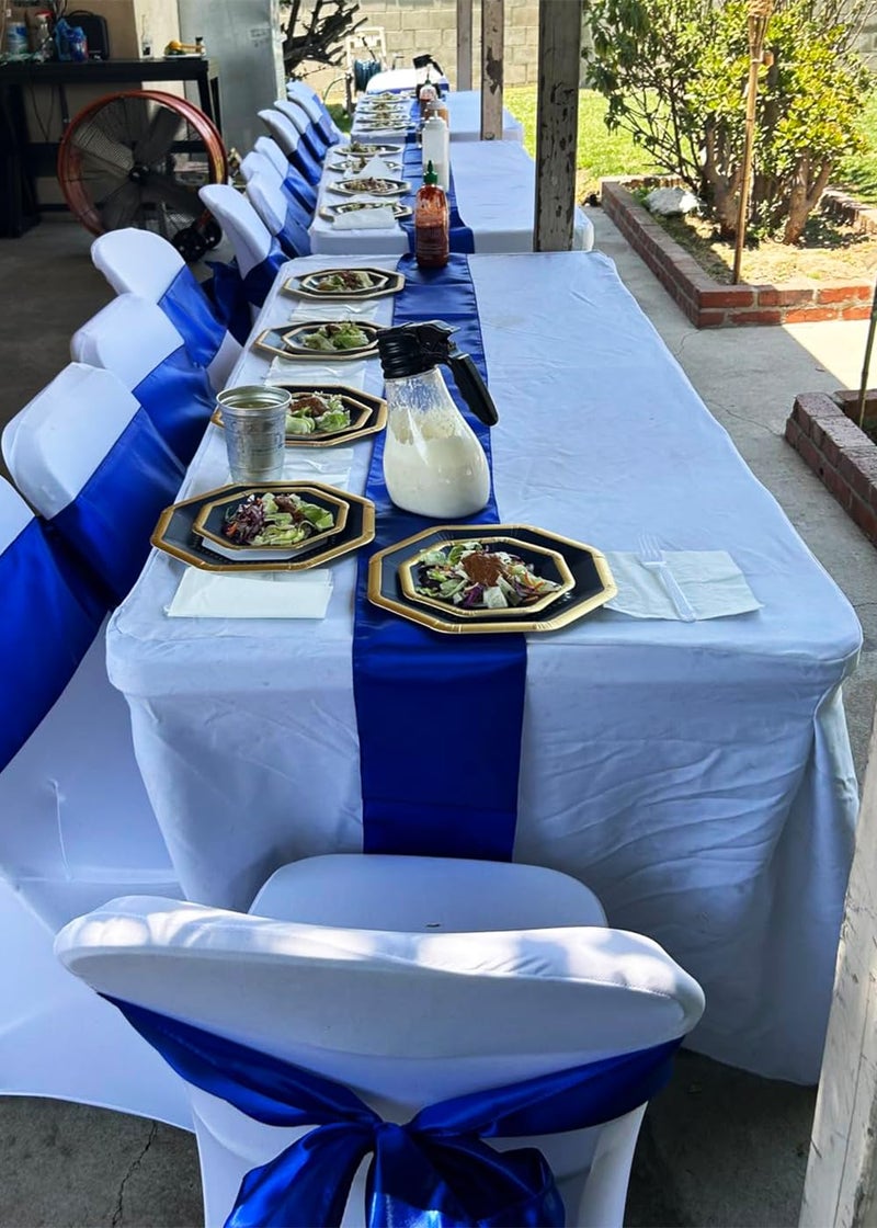 SINSSOWL 50 Royal Blue Chair Sashes Satin Bows for Wedding Birthday Party Fiesta Restaurant Decor - 7x108 Inches Chair Ribbons Ties Fitted Banquets Folding Chairs Decorations - Image 4