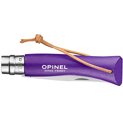 OPINEL Colorama No.07 Folding Pocket Knife, Painted Wood Handles, Leather Lanyard (Purple) - Image 2