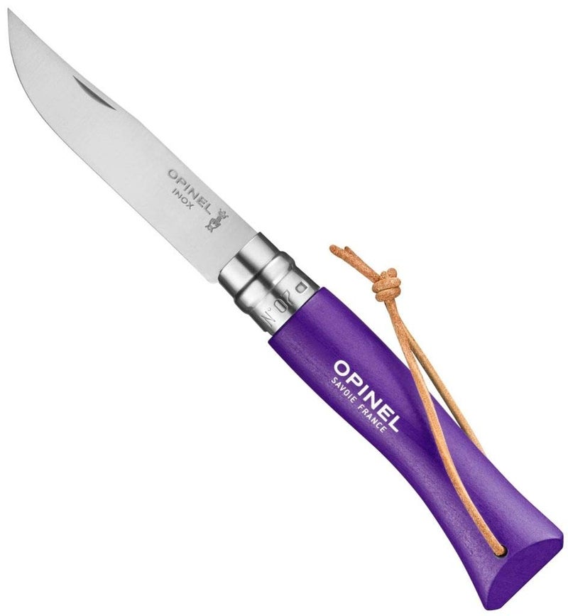 OPINEL Colorama No.07 Folding Pocket Knife, Painted Wood Handles, Leather Lanyard (Purple) - Image 1