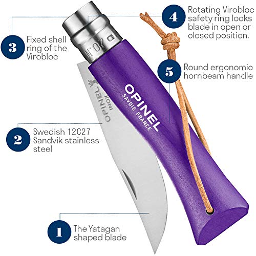 OPINEL Colorama No.07 Folding Pocket Knife, Painted Wood Handles, Leather Lanyard (Purple) - Image 4