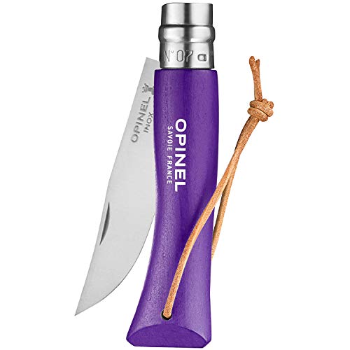 OPINEL Colorama No.07 Folding Pocket Knife, Painted Wood Handles, Leather Lanyard (Purple) - Image 3