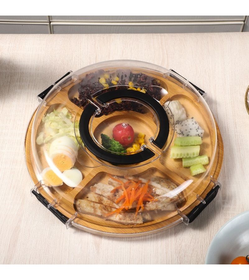 2pcs Wooden Partition Tray 5 Section Portable Cheese Platter Dustproof Snack Holder With Leak Proof Design For Home Party Picnic Camping Restaurant RV - Image 2
