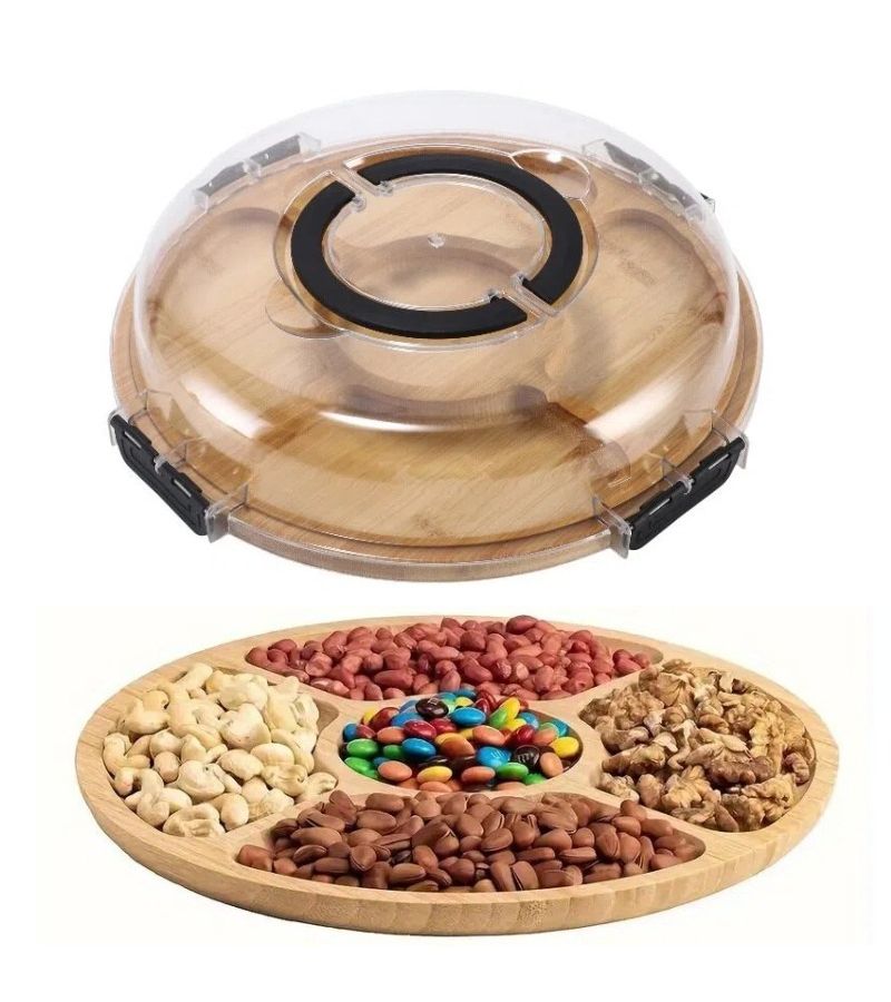 2pcs Wooden Partition Tray 5 Section Portable Cheese Platter Dustproof Snack Holder With Leak Proof Design For Home Party Picnic Camping Restaurant RV - Image 1