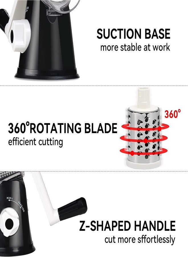 Badelite Rotary Cheese Grater Vegetable Shredder with Handle Round Kitchen Mandoline Slicer Grater for Nuts, Vegetable, Chocolate, Chesse - Black - 3 Replaceabe Stainless Steel Blades - Image 5