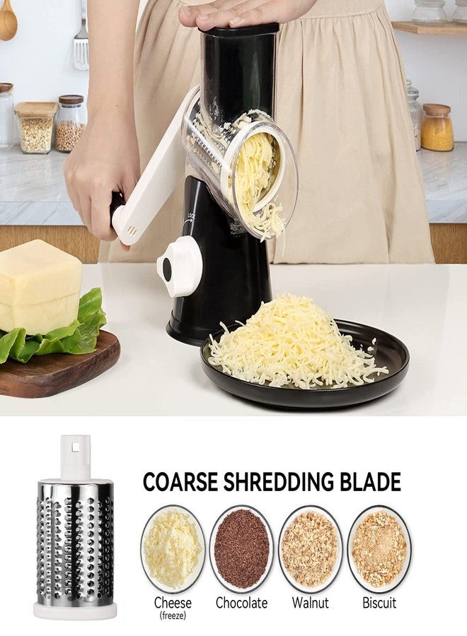 Badelite Rotary Cheese Grater Vegetable Shredder with Handle Round Kitchen Mandoline Slicer Grater for Nuts, Vegetable, Chocolate, Chesse - Black - 3 Replaceabe Stainless Steel Blades - Image 2