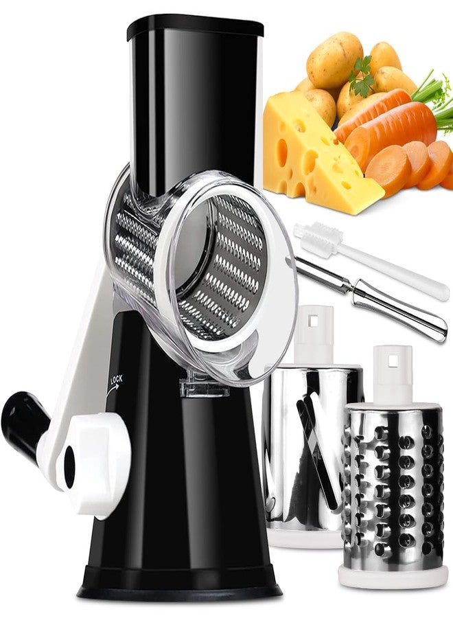 Badelite Rotary Cheese Grater Vegetable Shredder with Handle Round Kitchen Mandoline Slicer Grater for Nuts, Vegetable, Chocolate, Chesse - Black - 3 Replaceabe Stainless Steel Blades - Image 1