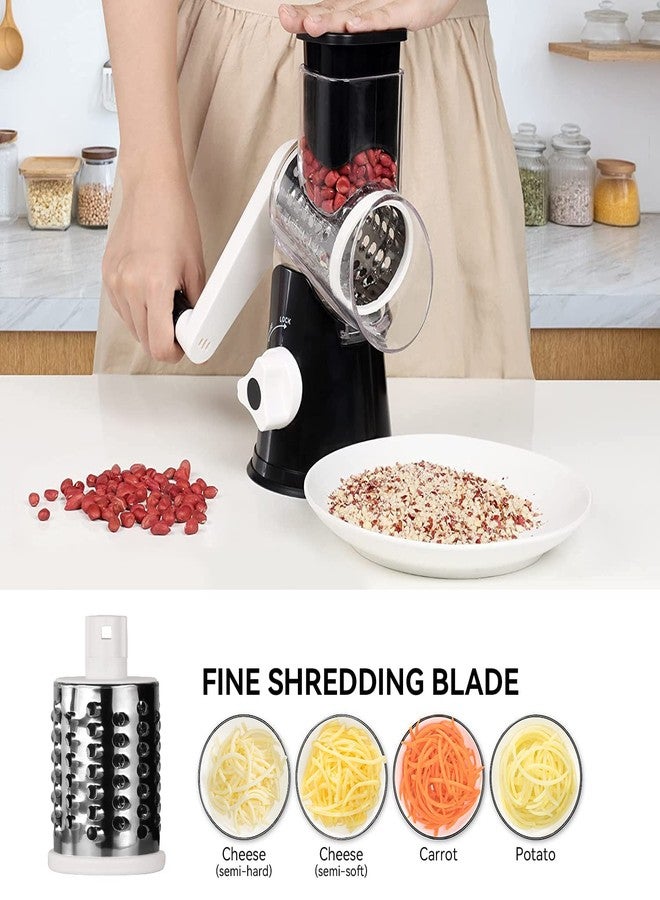Badelite Rotary Cheese Grater Vegetable Shredder with Handle Round Kitchen Mandoline Slicer Grater for Nuts, Vegetable, Chocolate, Chesse - Black - 3 Replaceabe Stainless Steel Blades - Image 3