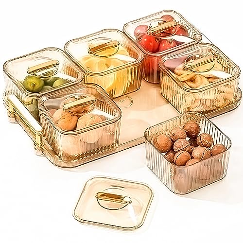 WUWEOT Nut and Candy Serving Tray, Divided Snack Serving Bowls, Plastic Compartment Appetizer Food Display Dish Platter with Lid Tray and Handle for Fruit Dessert Nuts Snacks Candy Chip Dip - Image 1