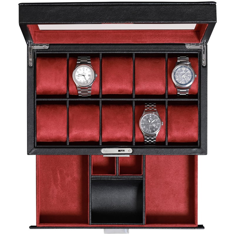 ROTHWELL 10Slot Watch Box in Leather with Valet Drawer Luxury Watch Case Display Organizer with Ultra Soft Microsuede Liner Jewelry and Sunglass Holder With Large Glass top BlackRed