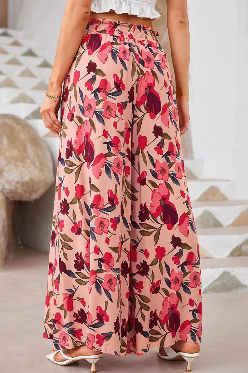 YOCUR Summer High Waisted Pants for Women Casual Baggy Beach Vacation Wide Leg Pants Printed Loose Flowy Palazzo Lounge Trousers Floral Red S - Image 2