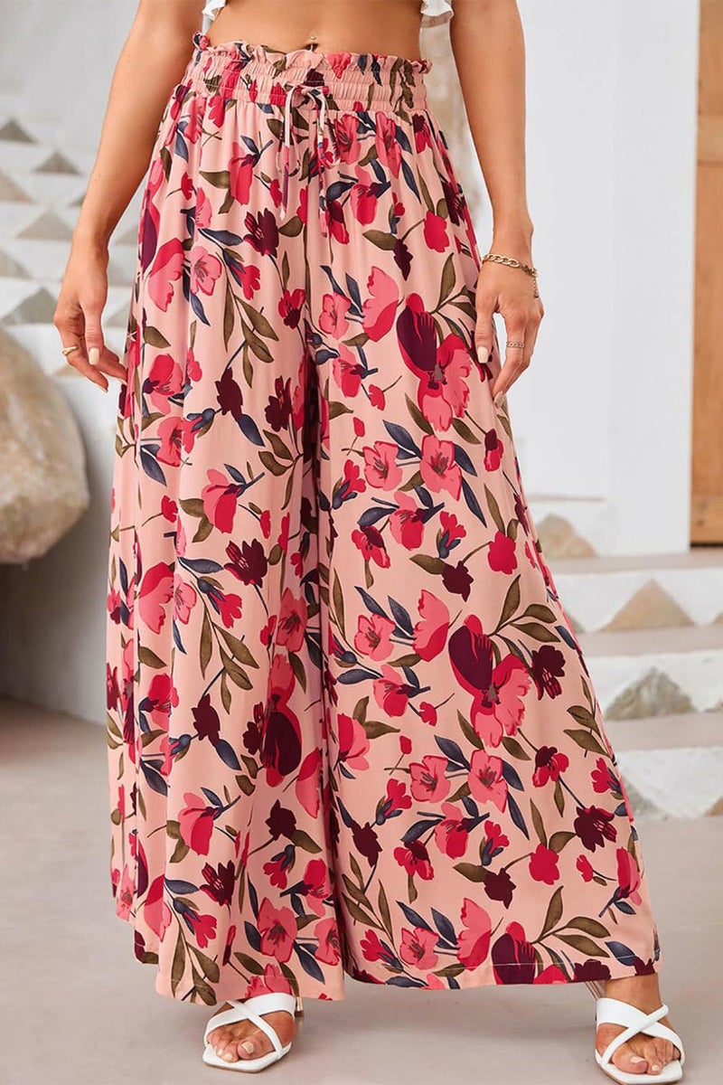 YOCUR Summer High Waisted Pants for Women Casual Baggy Beach Vacation Wide Leg Pants Printed Loose Flowy Palazzo Lounge Trousers Floral Red S - Image 4