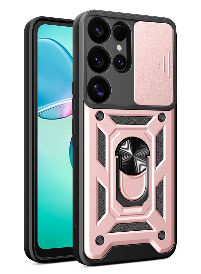 Shunjia Sliding Window Case, Shockproof Rugged Armor with Sliding Camera Cover & 360° Ring Kickstand, Compatible with Samsung Galaxy S25 Ultra (Rose Gold)