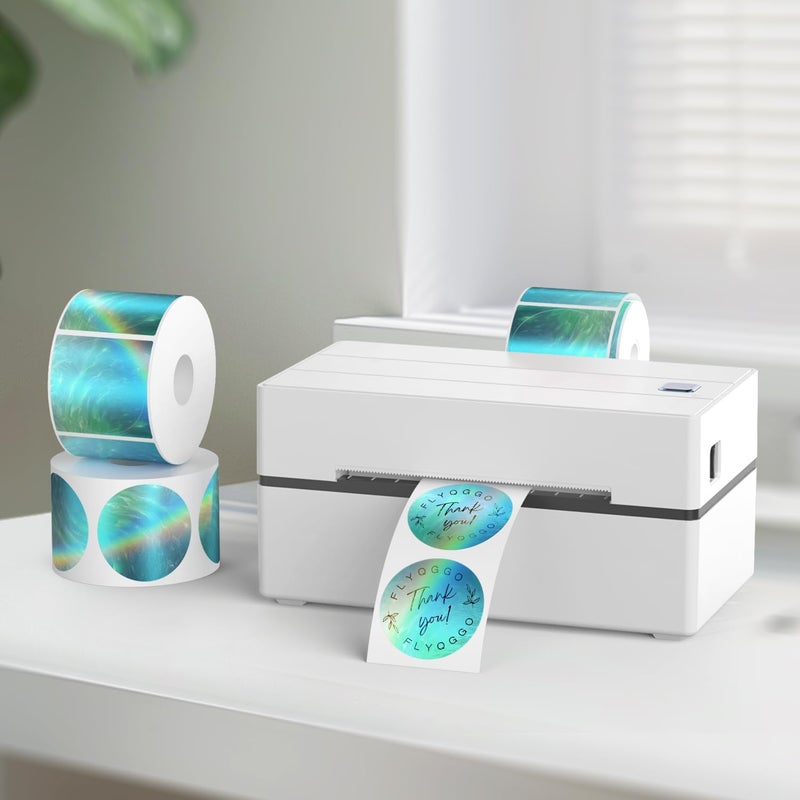 FLYQGGO 2-Inch Holographic Thermal Stickers - Rainbow Glitter Finish, Water-Proof & Tear-Resistant Label, No Residue Removable Label for Price/Name Tag, Logo Design, Aurora Blue(200Pcs/Roll) - Image 2