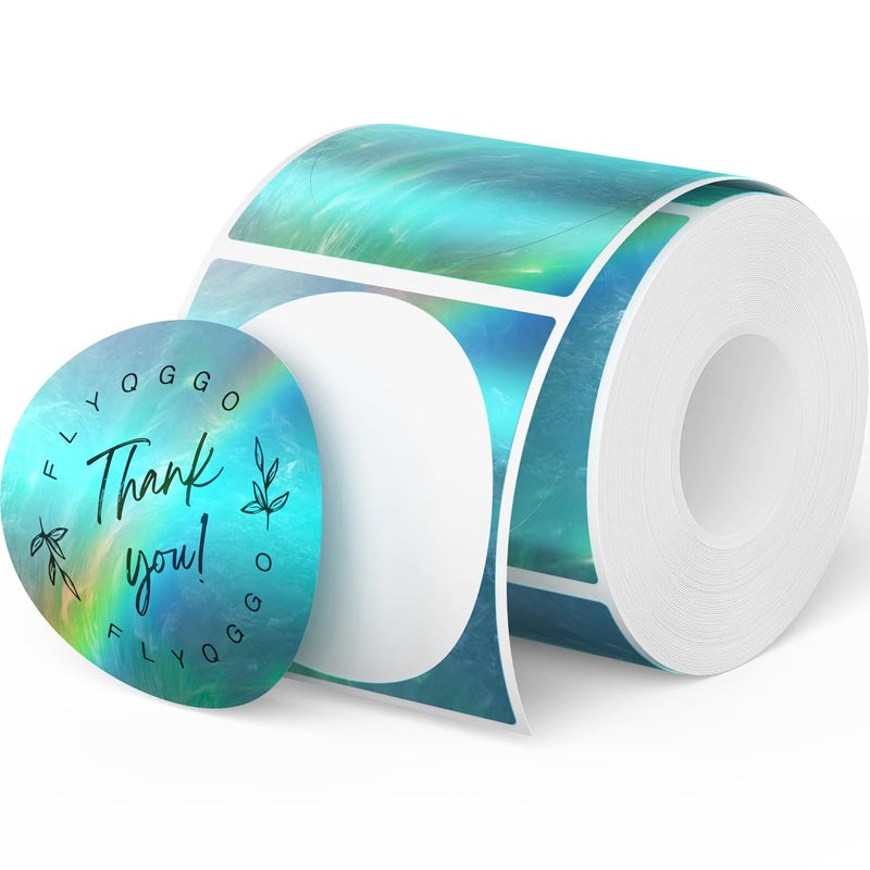 FLYQGGO 2-Inch Holographic Thermal Stickers - Rainbow Glitter Finish, Water-Proof & Tear-Resistant Label, No Residue Removable Label for Price/Name Tag, Logo Design, Aurora Blue(200Pcs/Roll) - Image 1