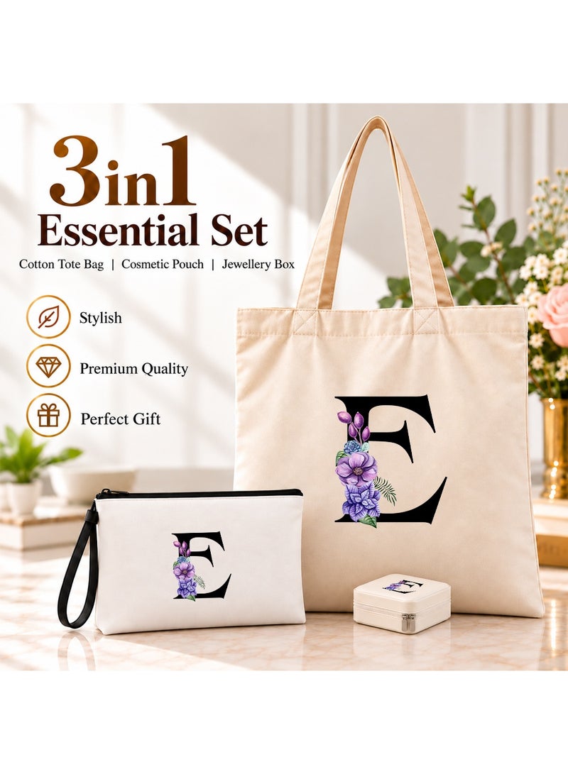 برينت شوب فور مي مجموعة هدايا (حرف مزين بالزهور): حقيبة تسوق (Tote Bag) + حقيبة صغيرة (Pouch) + علبة مجوهرات (3 في 1) - Image 2