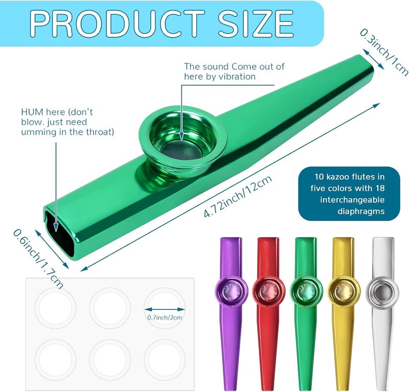Bercoor 10 PCS Kazoos Musical Instruments, Metal Kazoos with 18 Flute Membranes for Music Lover Beginners Kids Gift Price Party Favor Gift Bag Fillers - Image 2