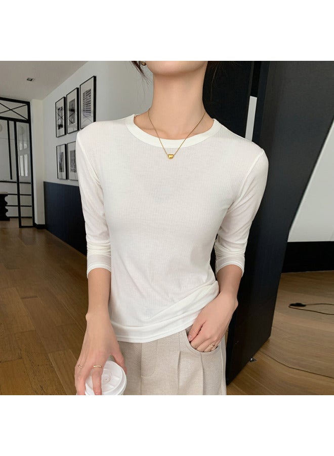 K1208 Threaded Right Shoulder Round Neck Bottoming Shirt For Women Autumn And Winter Long-sleeved Inner T-shirt Slimming Look Versatile Knitted Top