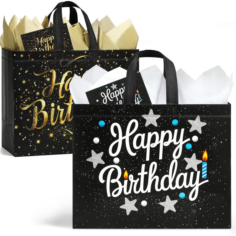 STYPOP 2 Pack 13 Large Birthday Gift Bags with Tissue Paper Cards Reusable NonWoven Happy Birthday Bags with Handles Perfect Gifts for Men Boy Kids 128 x 102 x 63 - Image 2