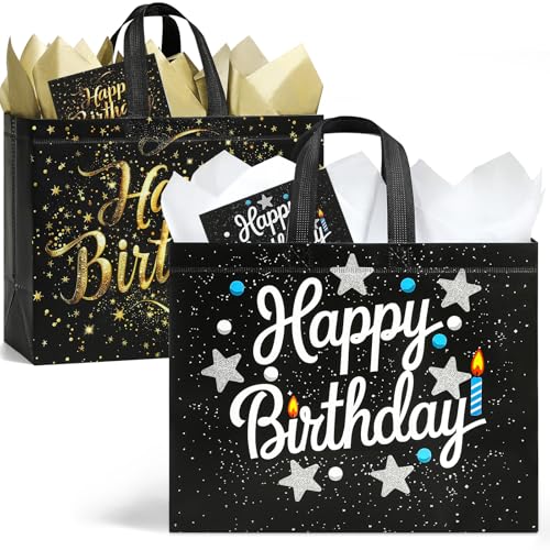 STYPOP 2 Pack 13 Large Birthday Gift Bags with Tissue Paper Cards Reusable NonWoven Happy Birthday Bags with Handles Perfect Gifts for Men Boy Kids 128 x 102 x 63 - Image 1