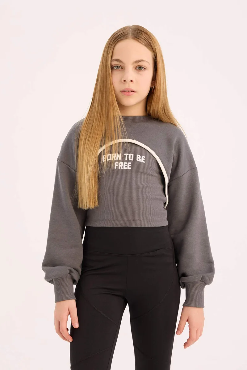 Defacto Girl Crew Neck Printed Crop Sweatshirt