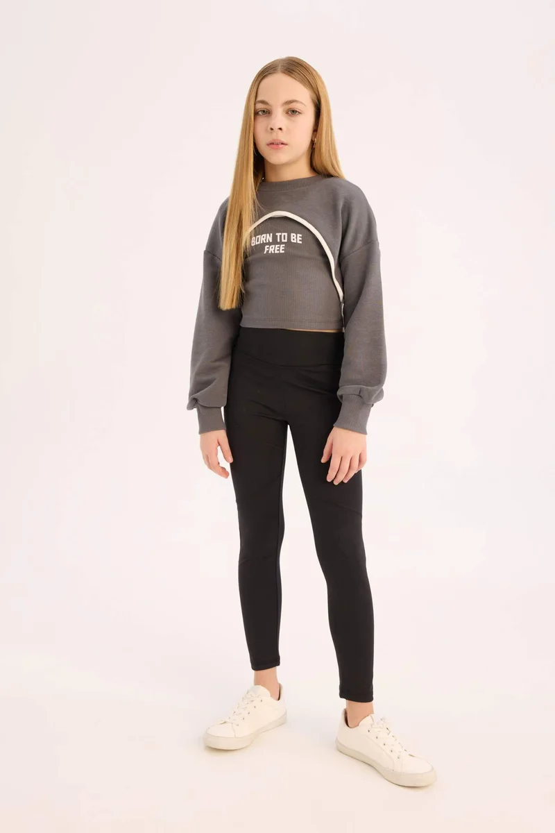 Defacto Girl Crew Neck Printed Crop Sweatshirt