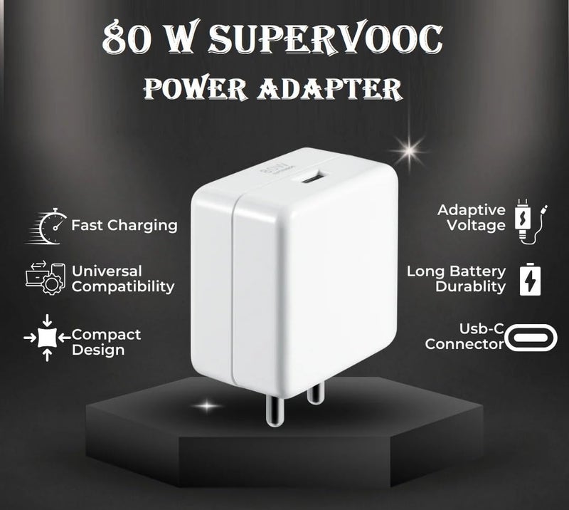 Punnkk 80W SUPERVOOC Fast Charger with Type-C Cable | 80W USB Charger for OnePlus, Realme, Oppo, Redmi, Xiaomi, Poco, iQOO, Samsung & More | Supports Dart, Dash, Warp, Vooc, SuperVooc, QC 3.0 Charge (Combo) - Image 2