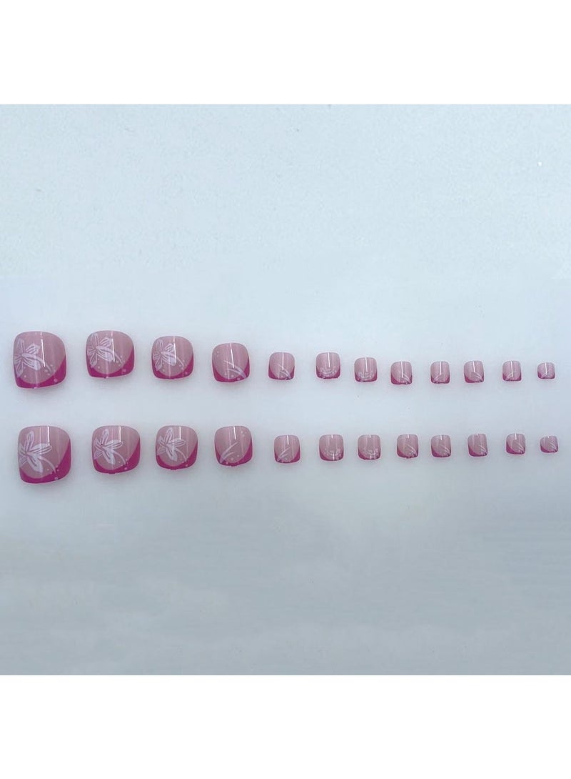 Goolsky أظافر قدم قصيرة مربعة فاخرة مزينة بفرنسي وردي وزهور لجاذبية ساحرة - Image 2