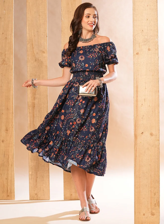 جلو باص Globus Women Blue Floral Printed Smocked Waist A-Line Midi Dress