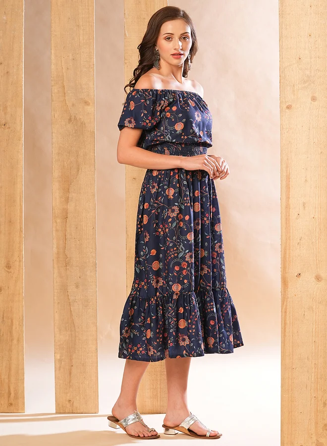 جلو باص Globus Women Blue Floral Printed Smocked Waist A-Line Midi Dress