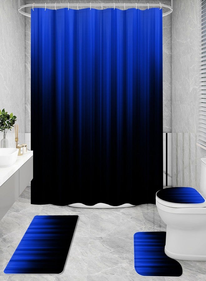Litabel 4 Pcs Royal Blue and Black Gradient Shower Curtain Set with Rugs and Toilet Lid Cover, Modern Simple Waterproof Fabric Bathroom Set, Ombre Stripe Gothic Abstract Bathroom Decor Set Accessories - Image 2