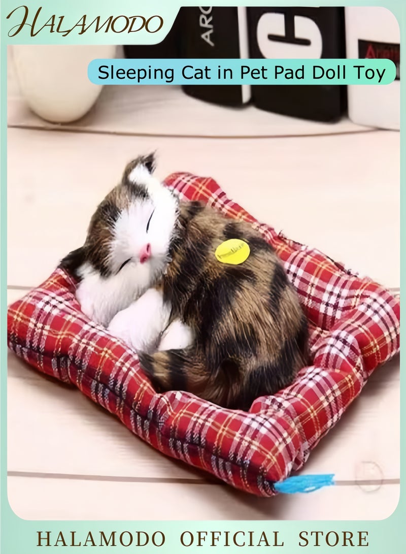 HALAMODO Sleeping Cat in Pet Pad Doll Toy Realistic Lifelike Stuffed Interactive Pet Toy Companion Pet with 100% Handcrafted Synthetic Fur Decor Hand Toy Gift for Kids Boys Girls  - Image 1