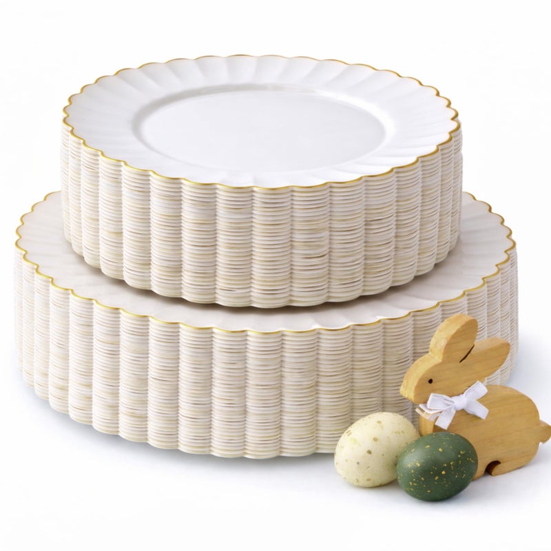 By Madee HEAVYWEIGHT 60 Pc Ivory Scalloped Easter Plastic Plates for Party with Gold Trim â€“ 30 Dinner & 30 Dessert Plates â€“ Elegant & Fancy for Wedding, Showers, Special Moments (30 Guests) - Image 1