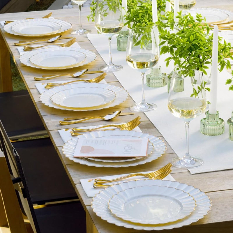 By Madee HEAVYWEIGHT 60 Pc Ivory Scalloped Easter Plastic Plates for Party with Gold Trim â€“ 30 Dinner & 30 Dessert Plates â€“ Elegant & Fancy for Wedding, Showers, Special Moments (30 Guests) - Image 4
