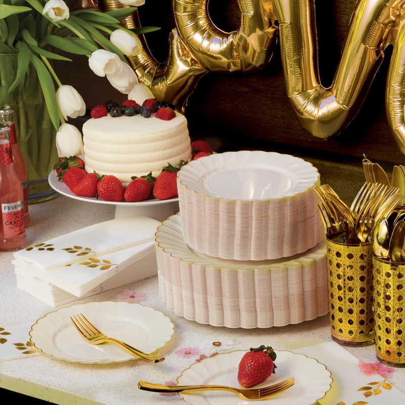 By Madee HEAVYWEIGHT 60 Pc Ivory Scalloped Easter Plastic Plates for Party with Gold Trim â€“ 30 Dinner & 30 Dessert Plates â€“ Elegant & Fancy for Wedding, Showers, Special Moments (30 Guests) - Image 5