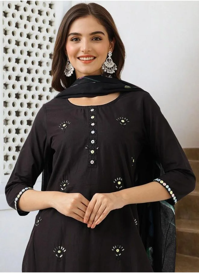 ISHIN Tunic Women Black Cotton Kurta Set with Embroidered pattern Tunic and Palazzo features a Round neckline and Three-Fourth Sleeve secured with Elastic closure and styled in Straight Fit ideal for Festive moments — crafted to elevate your special moments.