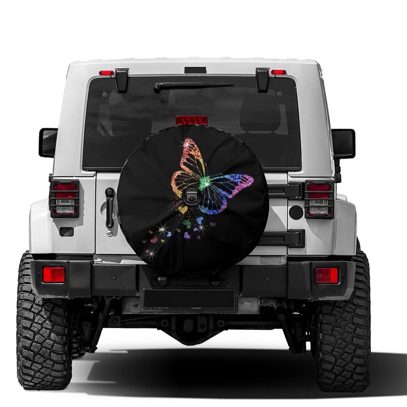 Delerain Spare Tire Cover with Backup Camera Hole Rainbow Butterfly with Hearts Wheel Covers Waterproof DustProof UV Sun Universal Fit for Trailer RV SUV Truck 18 Inch for Diameter 3234