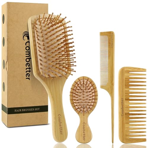 Combetter 100% Bamboo Hair Brushes and Comb Set by Combetter, Comb for Women and Detangling, Great on All Hair, Eco-Friendly and Handmade for Women Men and Kids - Image 1
