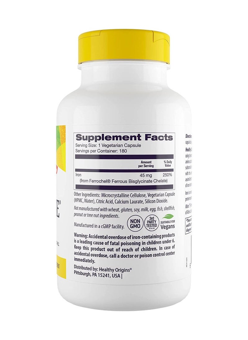 Healthy Origins - Iron Ease - High Potency Iron that is easy on your stomach - 45MG 180 Veggie Caps Dietary Supplement - Image 1