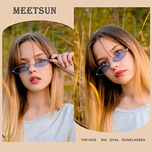 MEETSUN Retro 90s Small Oval Sunglasses For Women Men Small Face Metal Frames Gothic Narrow Sun Glasses for Outfit Cosplay - Silver/Blue - Image 2