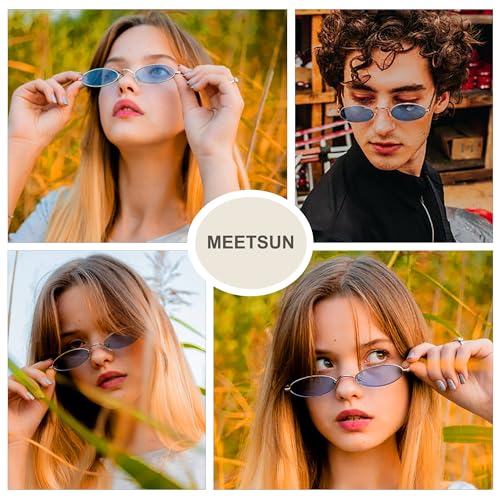 MEETSUN Retro 90s Small Oval Sunglasses For Women Men Small Face Metal Frames Gothic Narrow Sun Glasses for Outfit Cosplay - Silver/Blue - Image 3