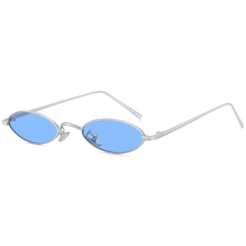 MEETSUN Retro 90s Small Oval Sunglasses For Women Men Small Face Metal Frames Gothic Narrow Sun Glasses for Outfit Cosplay - Silver/Blue - Image 1