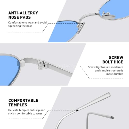 MEETSUN Retro 90s Small Oval Sunglasses For Women Men Small Face Metal Frames Gothic Narrow Sun Glasses for Outfit Cosplay - Silver/Blue - Image 5