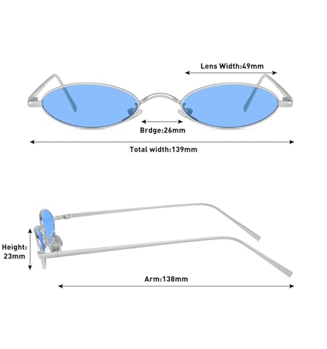 MEETSUN Retro 90s Small Oval Sunglasses For Women Men Small Face Metal Frames Gothic Narrow Sun Glasses for Outfit Cosplay - Silver/Blue - Image 4